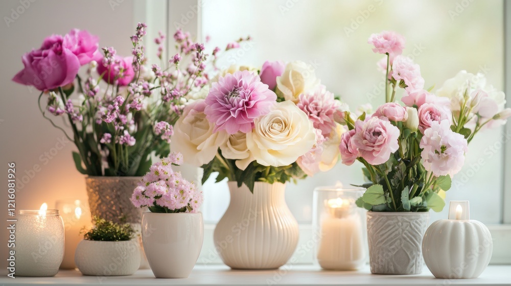 Obraz premium Elegant Pink and White Flower Arrangement with Candles on Windowsill