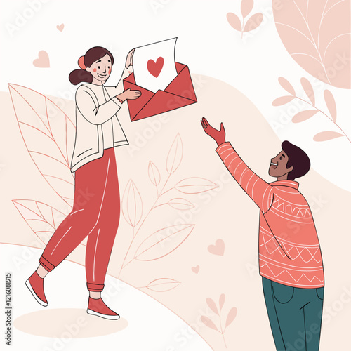 Valentine day girl and boy working