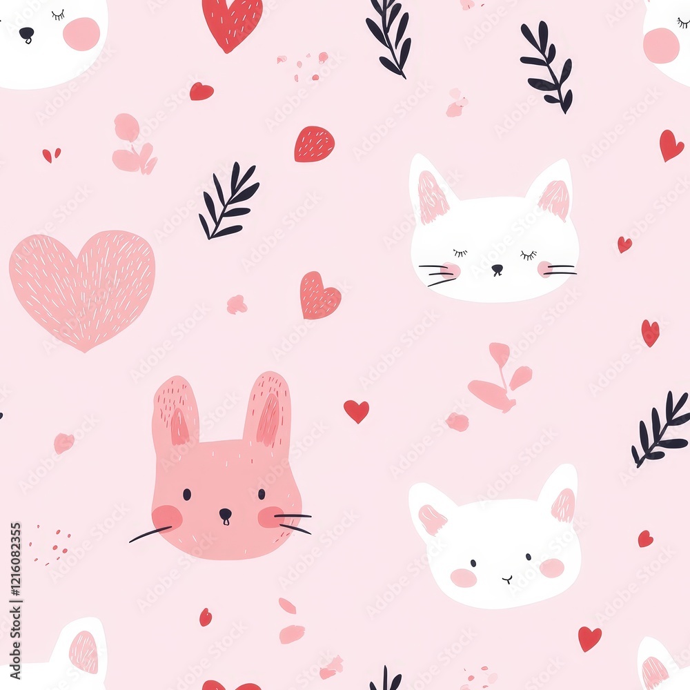 Cute Pattern with Cats, Bunnies, Hearts, and Floral Elements Cute Pattern with Cats, Bunnies, Hearts, and Floral Elements