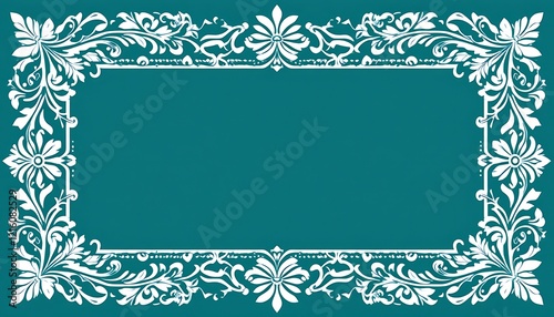 Elegant Teal and White Floral Frame Design, Ornate Victorian Style Border for Wedding Invitations, Decorative Vintage Frame, Classic Baroque Scrollwork,  Intricate Floral Pattern