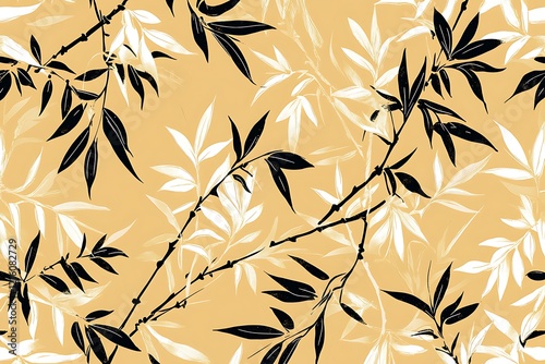 Elegant Asian-Inspired Seamless Pattern of Branches and Leaves on a Beige Background