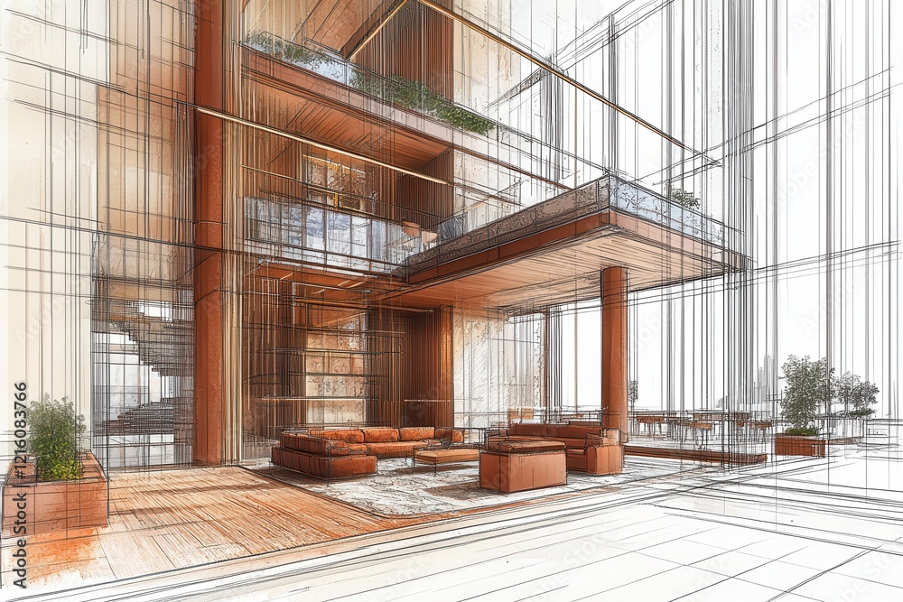 Obraz premium Architectural Design Sketch Modern House Interior Living Space Multilevel