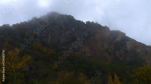 Moving on the foggy river Danube in Austria in autumn