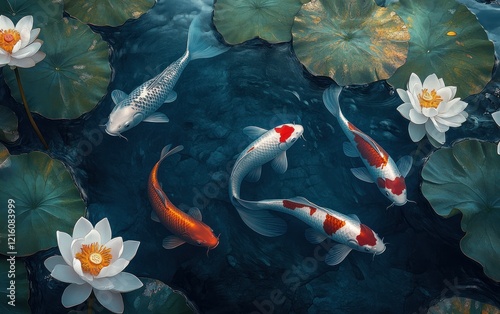 Koi fish swim peacefully among lily pads and blooming white water lilies in a dark pond photo
