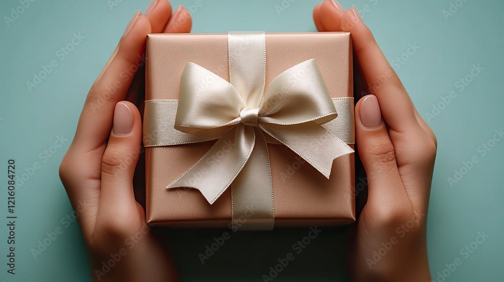 A girls hands give a stylish gift box with a white satin ribbon bow on a pastel blue background A girls hands give a stylish gift box with a white satin ribbon bow on a pastel blue background