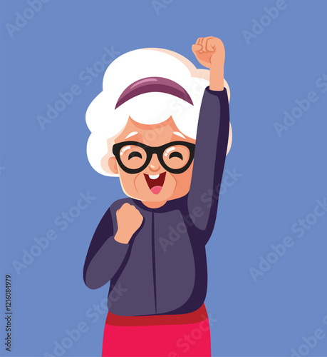 Old Woman Rejoicing and Celebrating Vector Cartoon Illustration. Cheerful pensioner feeling positive having fun
