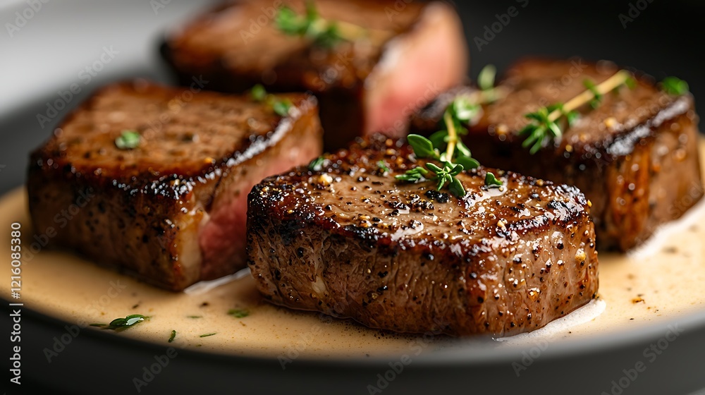 Seared steak cubes, creamy sauce, thyme garnish, dark plate, gourmet meal Seared steak cubes, creamy sauce, thyme garnish, dark plate, gourmet meal