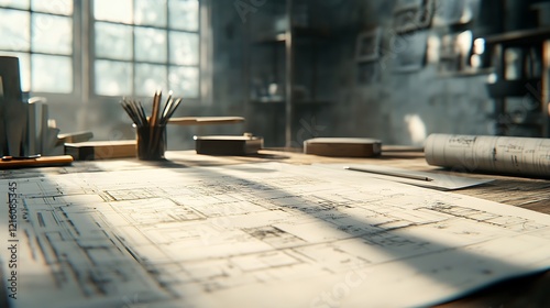 workspace with architectural designs and measuring tools