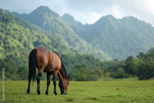 vibrant image of horse grazing in field with soft-focus mountains creating serene backdrop photo