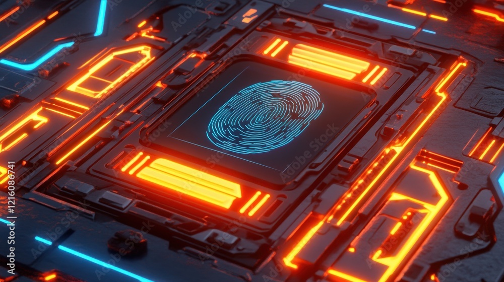 Abstract biometric fingerprint scanner glowing in neon blue with futuristic interface and digital data streams. Abstract biometric fingerprint scanner glowing in neon blue with futuristic interface and digital data streams.