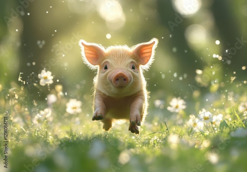Wallpaper Mural Adorable Piglet Frolicking in a Sunny Meadow Surrounded by Blossoms and Bathed in Soft Light, Capturing the Essence of Joy and Nature's Beauty Torontodigital.ca