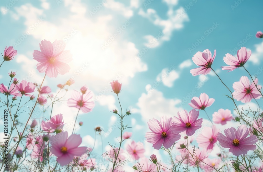 Naklejka premium Dreamy Cosmos Flowers Against a Bright Sky on a Sunny Day Serenity