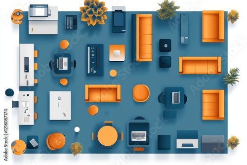 Modern Office Space Design Top View:  A Bird's-Eye Perspective of a Stylish and Functional Workspace