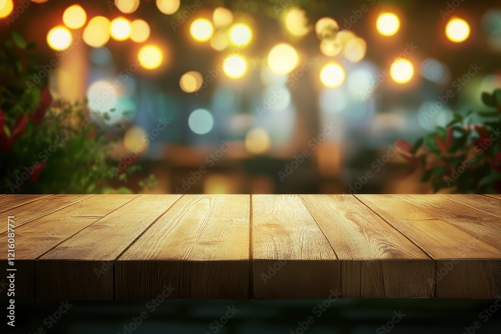 Rustic wooden table, bokeh lights, restaurant, night Rustic wooden table, bokeh lights, restaurant, night