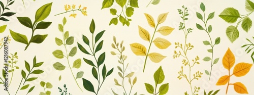 Wallpaper Mural Watercolor Botanical Illustration Green and Yellow Leaves Branches and Floral Elements Torontodigital.ca