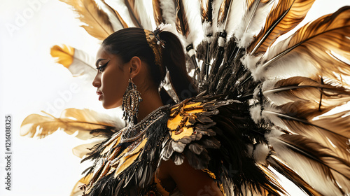 a woman with feathers on her head