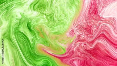 Colorful abstract swirls of green and pink blend together in a captivating artistic display with smooth fluidity and vibrant hues