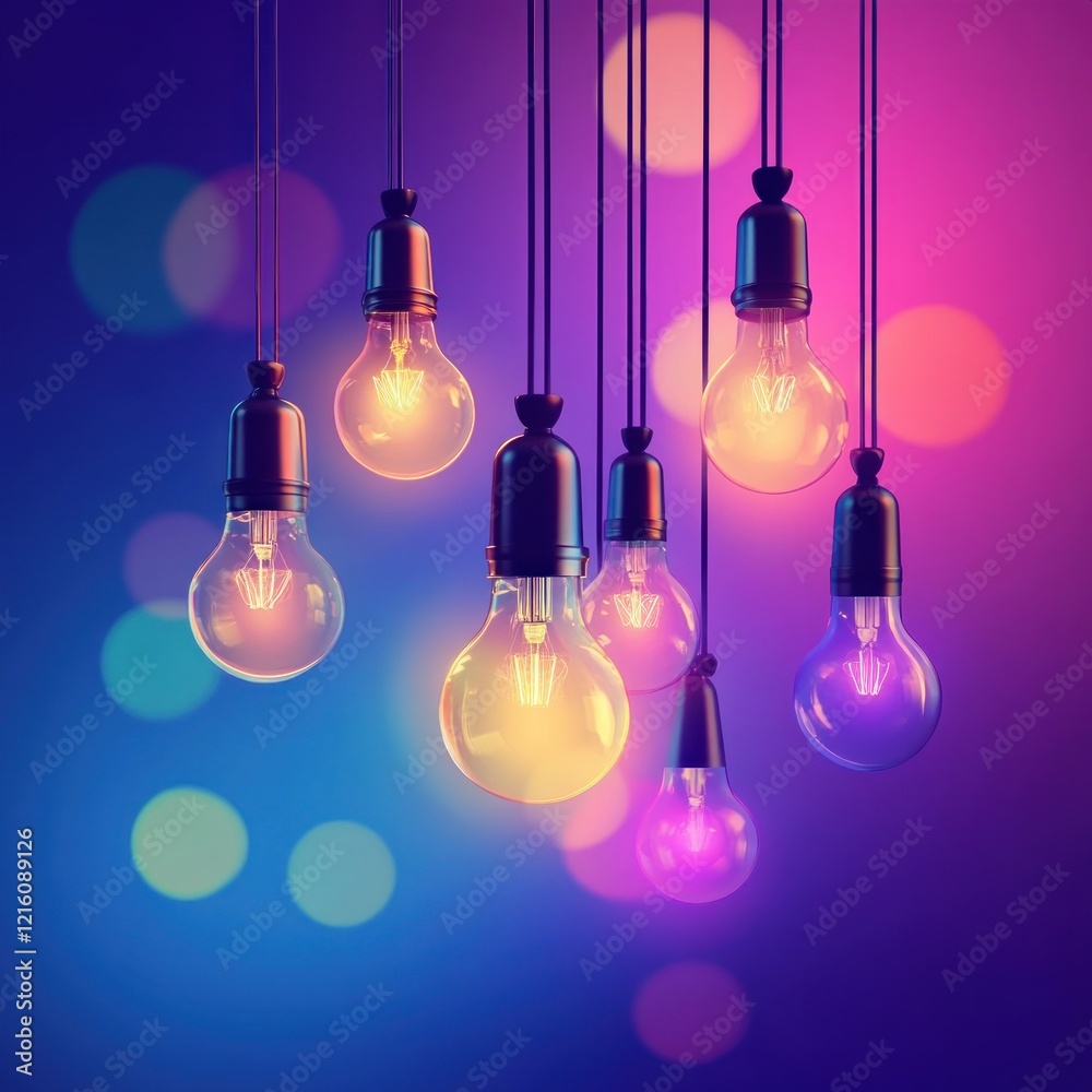 Illuminated hanging lightbulbs, colorful bokeh background, idea concept, stock photo Illuminated hanging lightbulbs, colorful bokeh background, idea concept, stock photo