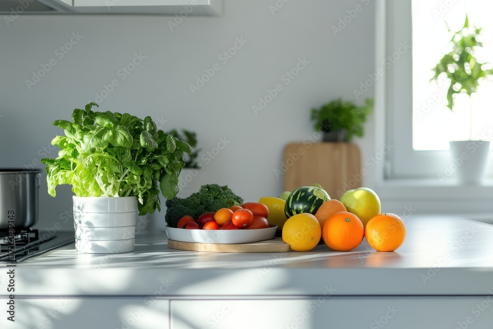 Sunlit kitchen countertop, fresh produce, herbs, healthy cooking prep Sunlit kitchen countertop, fresh produce, herbs, healthy cooking prep