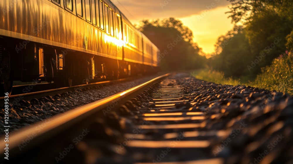 Obraz premium Golden hour train journey with sunlit tracks and serene landscape view