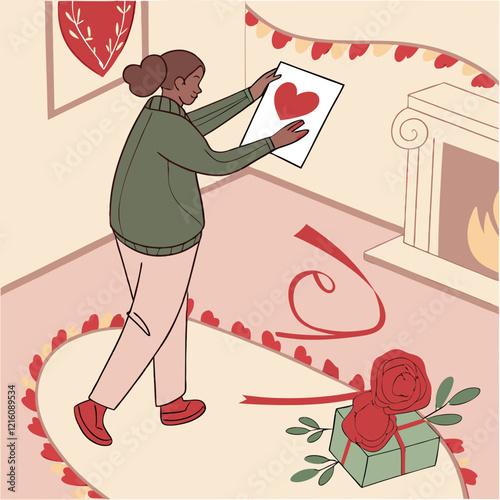 Valentine day girl and boy working