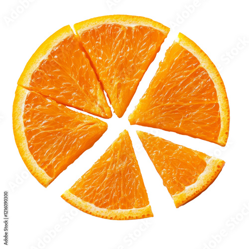 Fresh orange slices arranged in a pie chart on white background AI generative photo