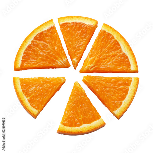 Six orange slices forming a pie chart on a white background AI generative photo