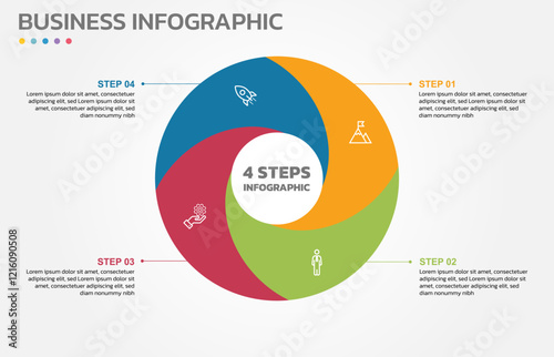 Visual data presentation. Cycle diagram with 4 options. Pie Chart Circle infographic template with 4 steps, options, parts, segments. Business concept. Editable pie chart with sectors.