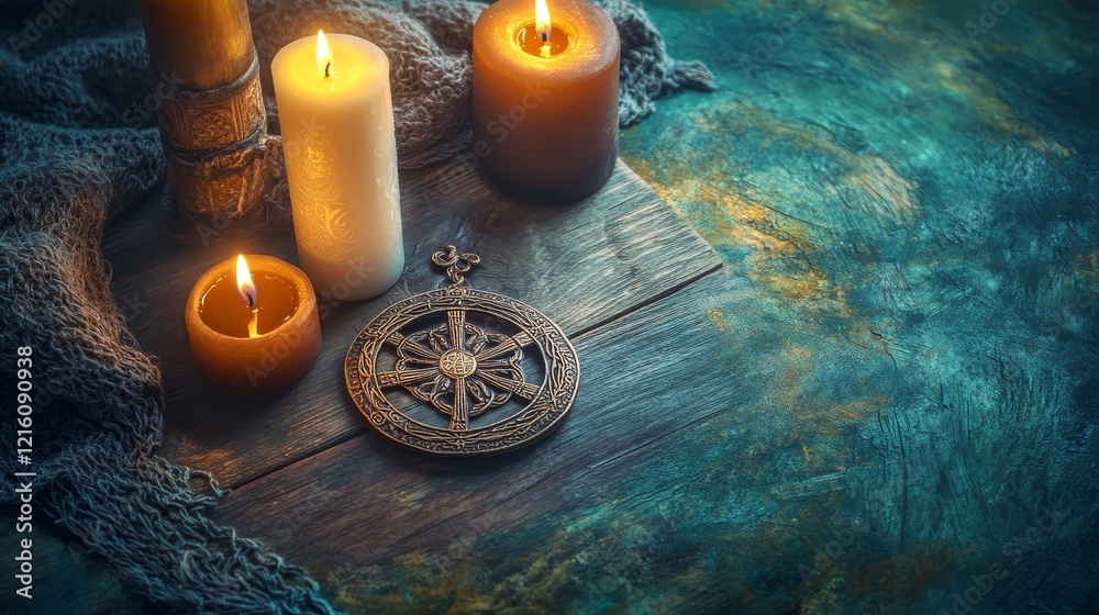 Imbolc holiday, spring equinox. Wiccan altar for Imbolc sabbat. pagan festive ritual.