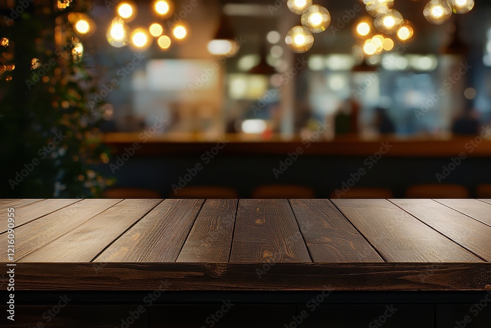 Dark wood table, restaurant bokeh background, product display Dark wood table, restaurant bokeh background, product display