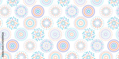 花火のシームレスパターン。カラフルで華やかな打ち上げ花火模様の背景素材。