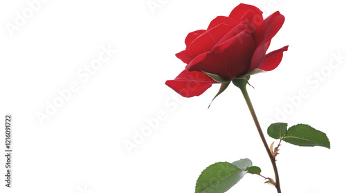 Close-up of fresh red rose with leaves and petal falling on white background AI generative.. photo