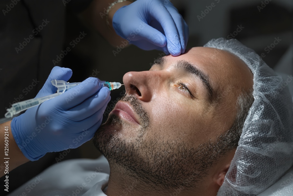 Caucasian man undergoing beauty spa botulinum neurotoxin Botox treatment for anti-aging, to smooth wrinkles as a cometic solution. Injecting forehead to relax muscles with a non-invasive procedure Caucasian man undergoing beauty spa botulinum neurotoxin Botox treatment for anti-aging, to smooth wrinkles as a cometic solution. Injecting forehead to relax muscles with a non-invasive procedure