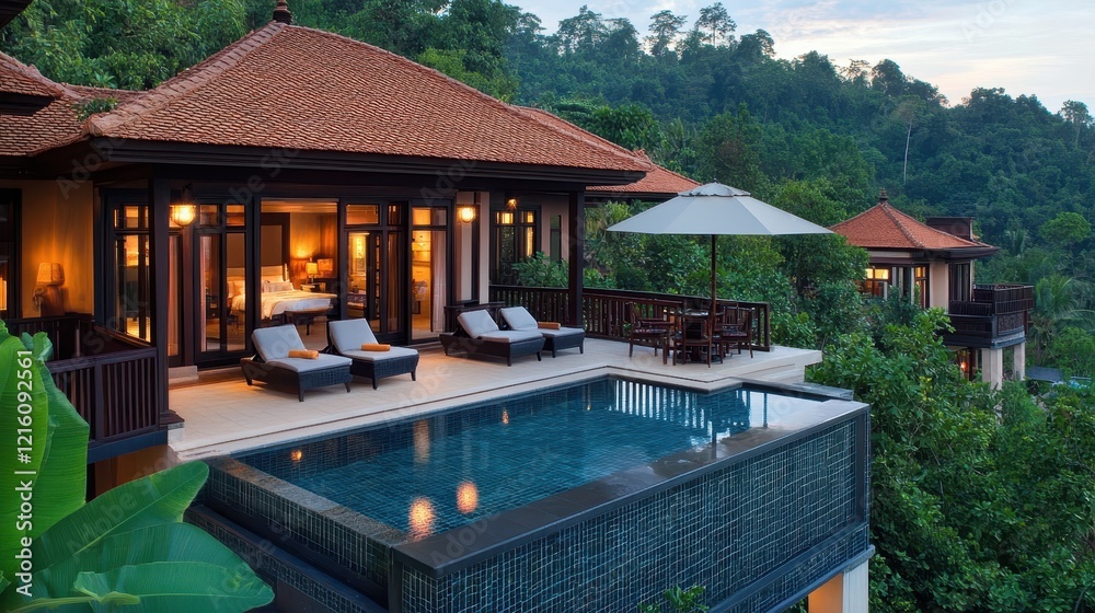 Fototapeta premium Luxury Hillside Villa with Private Infinity Pool and Stunning Mountain Views
