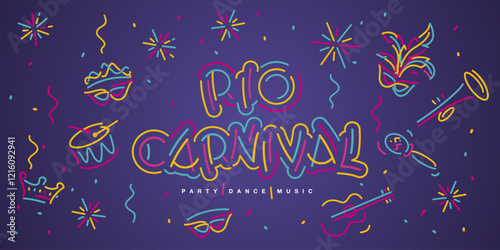 Rio Carnival new handwriten line design typography party dance music elements. Mask drums rattles guitar fanfare crown tiara flags ribbons sparkle firework confetti on purple background
