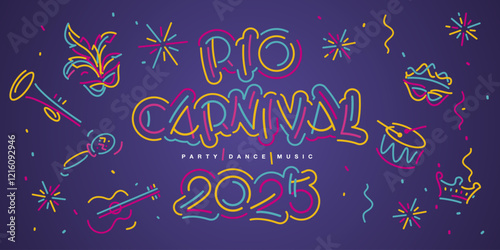 Rio Carnival 2025 new handwriten line design typography party dance music elements. Mask drums rattles guitar fanfare crown tiara flags ribbons sparkle firework confetti on purple background