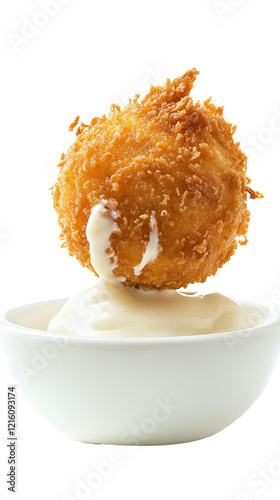 Breaded chicken ball dipping into white sauce on white background AI generative.. photo