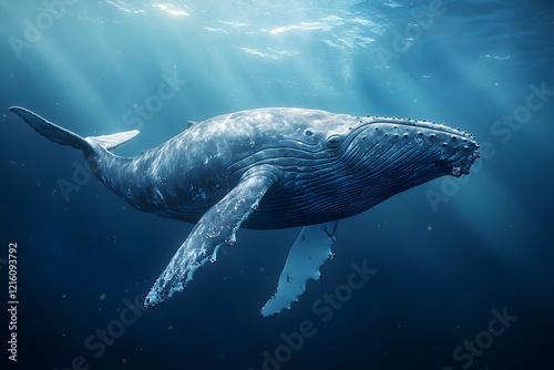 Majestic Humpback Whale Gliding Underwater with Sun Rays. photo