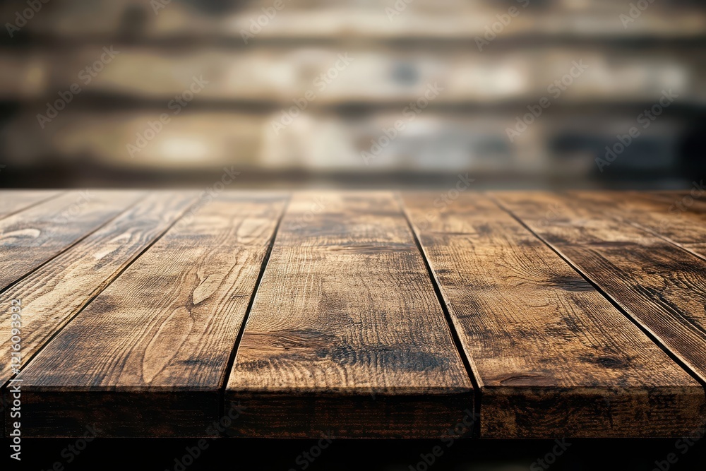 Rustic wooden table, blurred shelves background, product display Rustic wooden table, blurred shelves background, product display