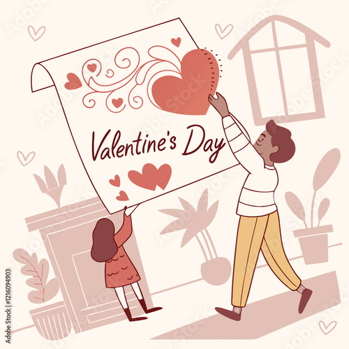 Valentine day girl and boy working