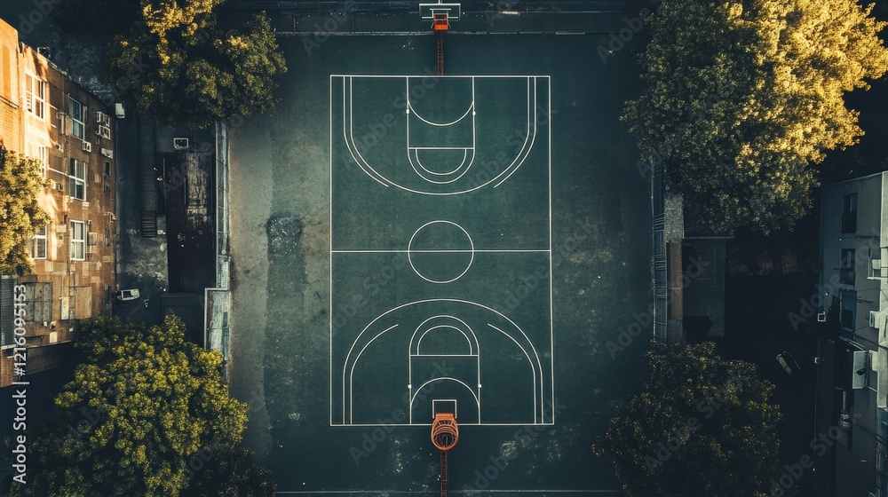 Aerial View of Outdoor Urban Basketball Court Surrounded by Trees and Buildings