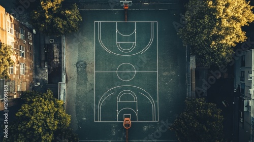 Obraz na płótnie Aerial View of Outdoor Urban Basketball Court Surrounded by Trees and Buildings w salonie