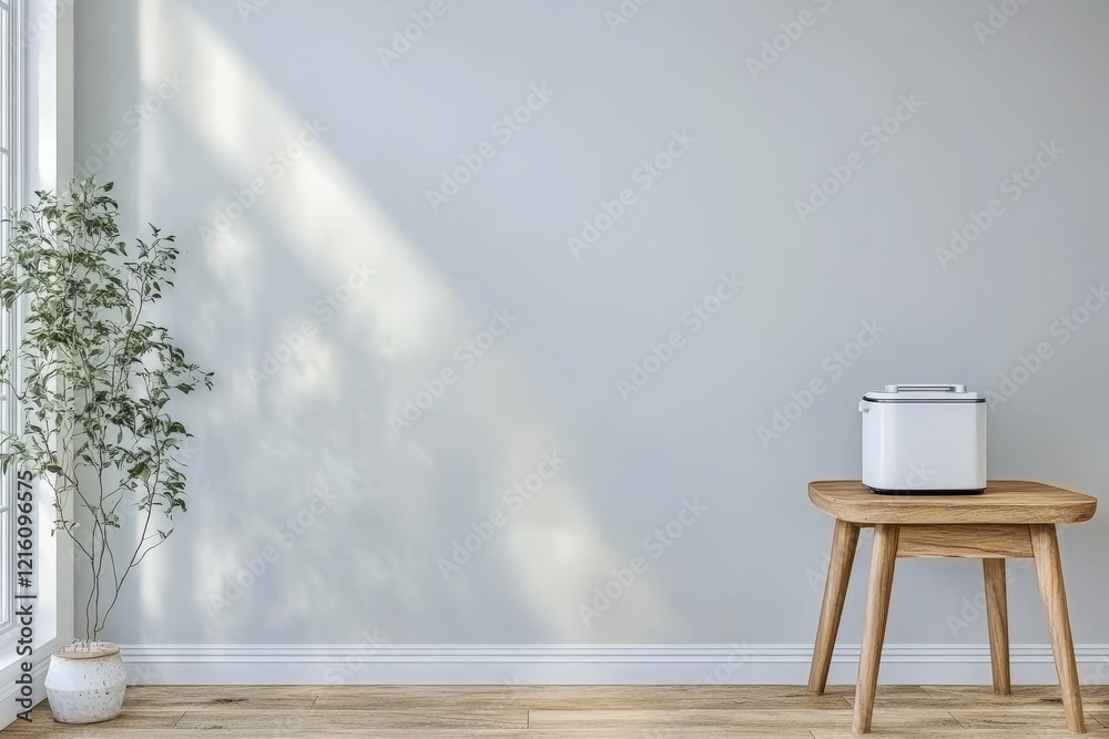 Minimalist interior design featuring a wooden table plant and kitchen appliance in a bright room Minimalist interior design featuring a wooden table plant and kitchen appliance in a bright room