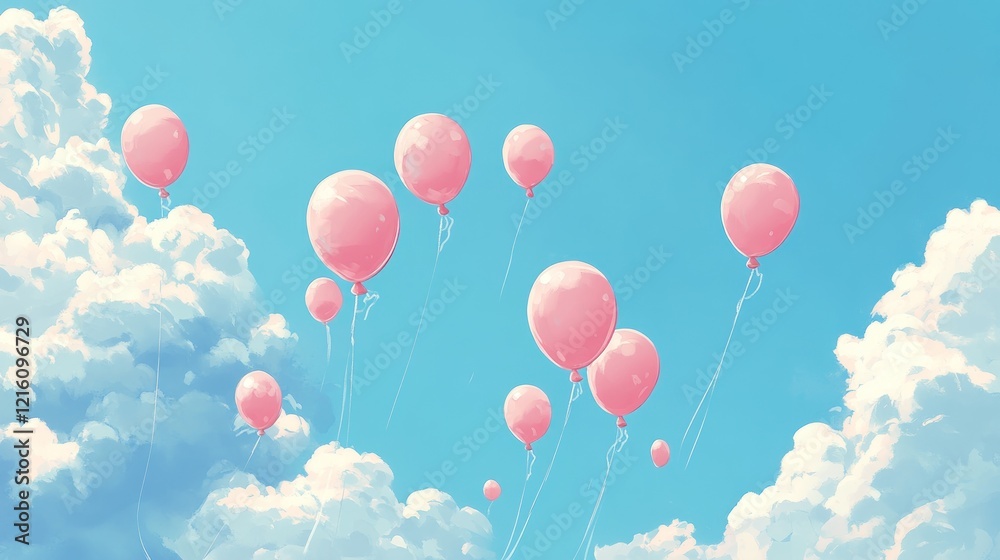 Pink balloons float on a sunny day, fluffy clouds in background; ideal for greeting cards Pink balloons float on a sunny day, fluffy clouds in background; ideal for greeting cards