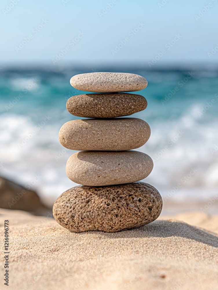 Balanced stones on a sandy beach with ocean in background Balanced stones on a sandy beach with ocean in background