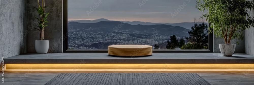 Fototapeta premium Scenic view from a modern interior with a cozy seating area and city landscape