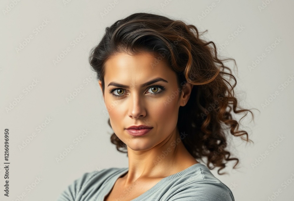 Strong woman with determined expression and neutral background Strong woman with determined expression and neutral background