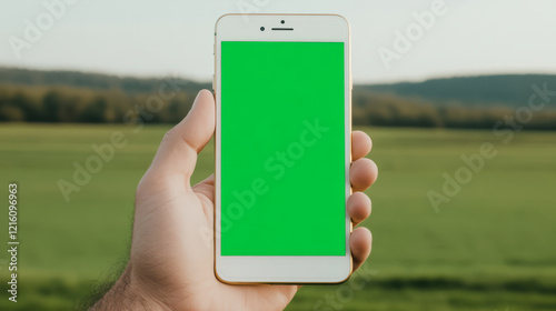 hand holding mobile phone with green screen in natural landscape. background features lush green field and distant trees, creating serene outdoor atmosphere