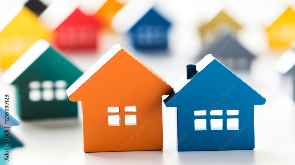 Colorful houses in close up view, showcasing vibrant collection of miniature homes. orange and blue houses stand out among blurred background of various colors, creating cheerful atmosphere Colorful houses in close up view, showcasing vibrant collection of miniature homes. orange and blue houses stand out among blurred background of various colors, creating cheerful atmosphere
