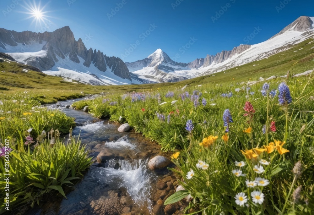 Fototapeta premium Alpine Meadow Stream with Wildflowers and Snow-capped Mountains under Sunny Sky